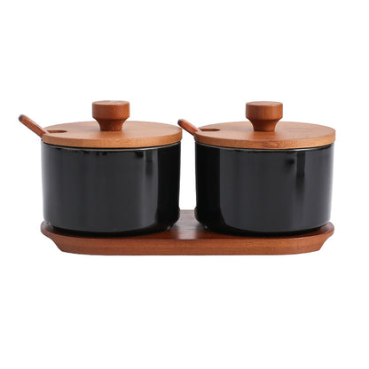 Elegant Retro Ceramic Seasoning Jars Set with Wooden Spoon for Kitchen