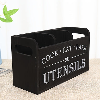 Rustic Wooden Kitchen Storage Box with Divided Compartments and Handle