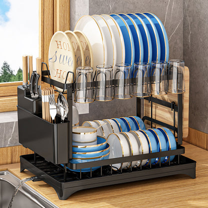 Double-Layer Carbon Steel Kitchen Dish Drying Rack & Organizer with Cup Holder