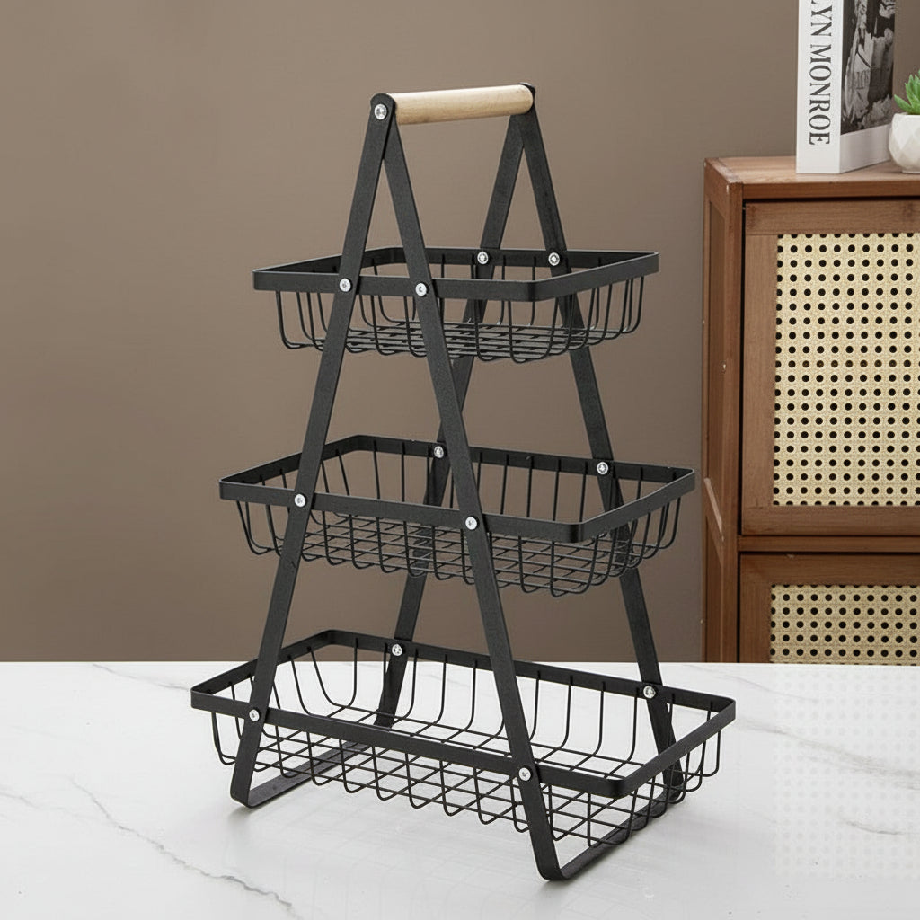 Elegant Wooden Handle Iron Art Multi-Layer Kitchen Fruit Storage Basket System