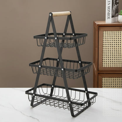 Elegant Wooden Handle Iron Art Multi-Layer Kitchen Fruit Storage Basket System