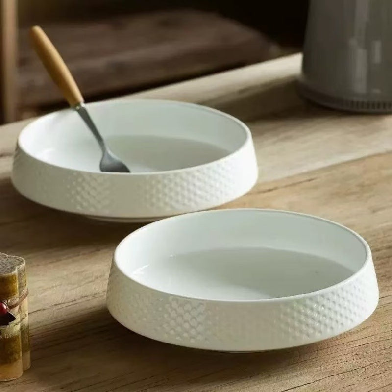 Japanese Style 7.5-inch Embossed Porcelain Dinner Plates - 48 Pcs Bulk Pack