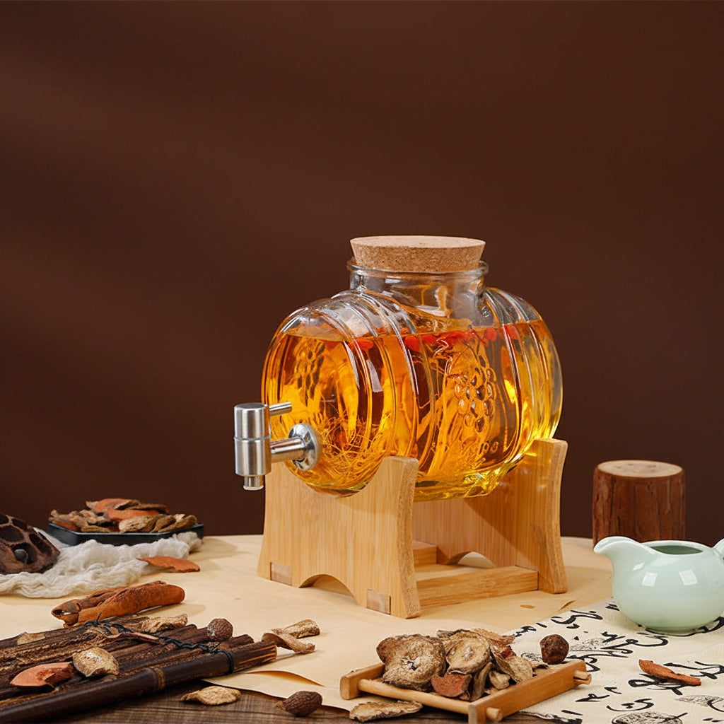 A 6 jin glass beverage dispenser with a cork stopper, clear ribbed glass body, and silver metal spout, shown on a wooden stand. The image includes Chinese text showing dimensions and decorative props like dried herbs and a small white teapot against a dark brown background.