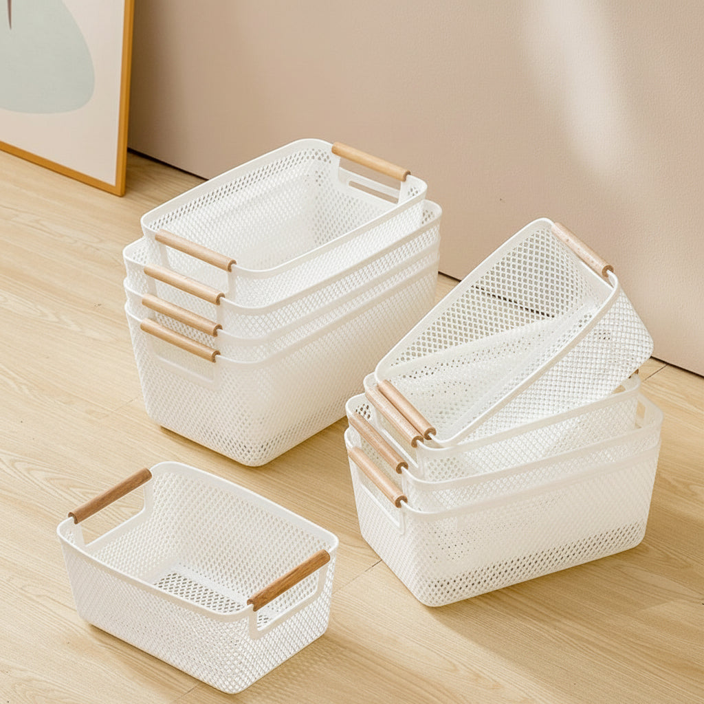 Multipurpose Hollow Plastic Storage Basket with Handles for Home Organization