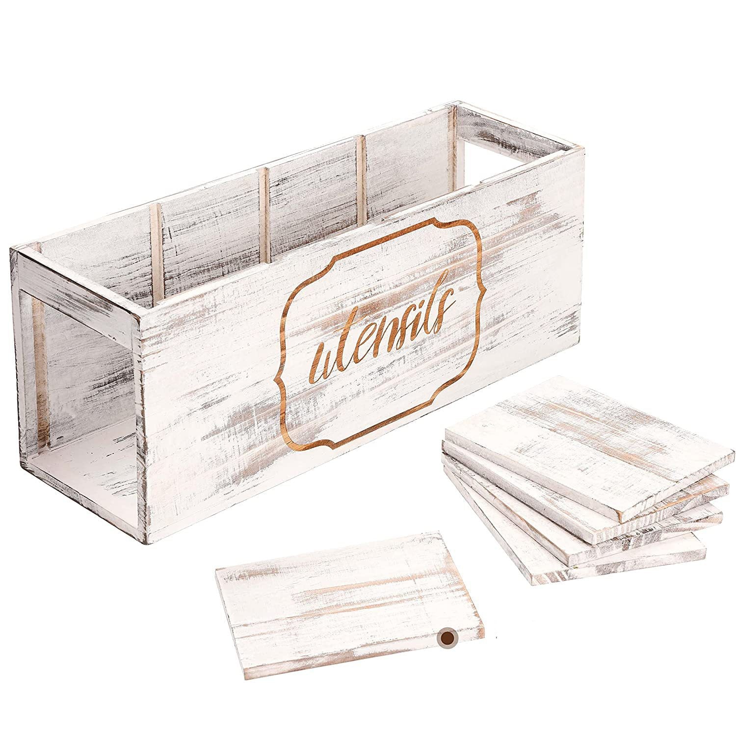 Multi-Compartment Wooden Cutlery Utensil Organizer Box for Kitchen & Desk