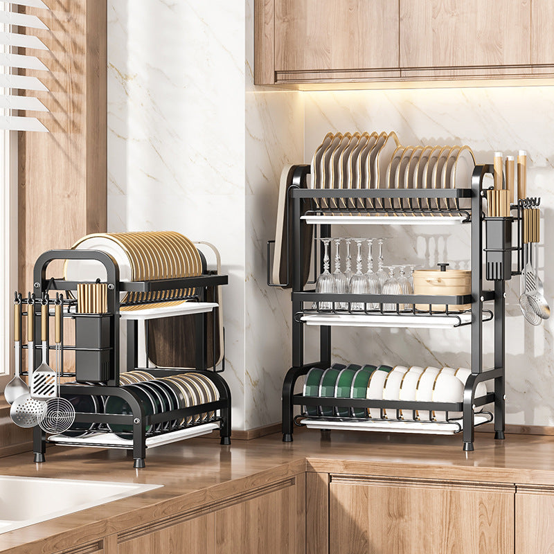 Multi-Layer Carbon Steel Kitchen Dish Drying Rack Organizer with Utensil Holder