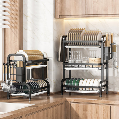 Multi-Layer Carbon Steel Kitchen Dish Drying Rack Organizer with Utensil Holder