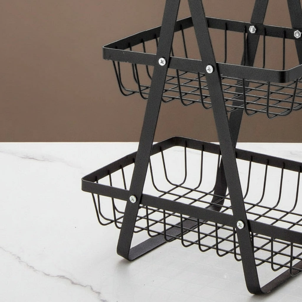 Elegant Wooden Handle Iron Art Multi-Layer Kitchen Fruit Storage Basket System