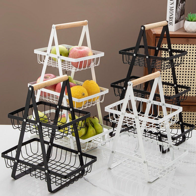 Elegant Wooden Handle Iron Art Multi-Layer Kitchen Fruit Storage Basket System