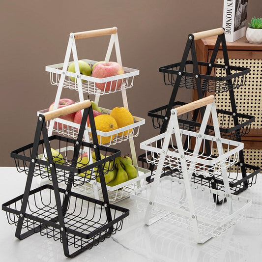Elegant Wooden Handle Iron Art Multi-Layer Kitchen Fruit Storage Basket System