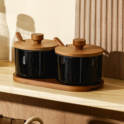 Elegant Retro Ceramic Seasoning Jars Set with Wooden Spoon for Kitchen