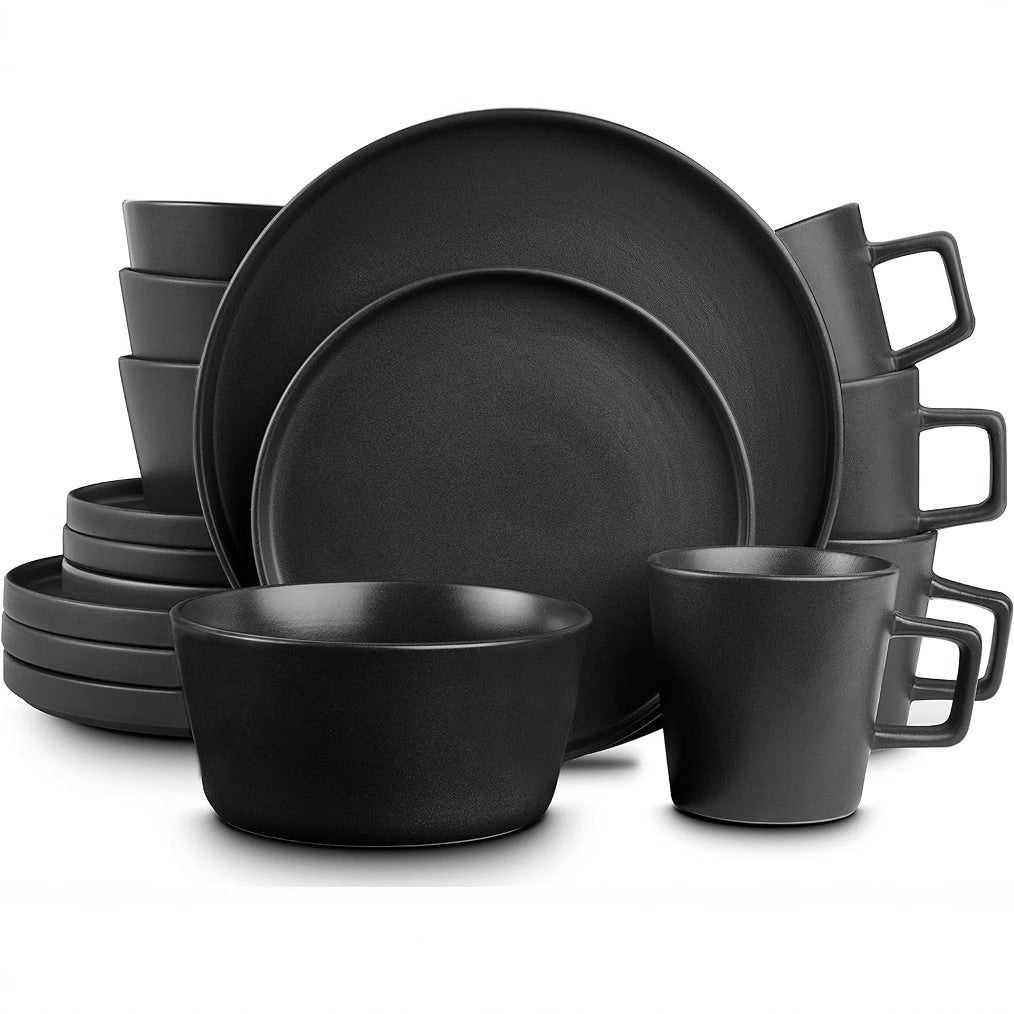 Sophisticated Black Matte Stoneware Dinnerware Set - Plates, Bowls, Mugs for Four