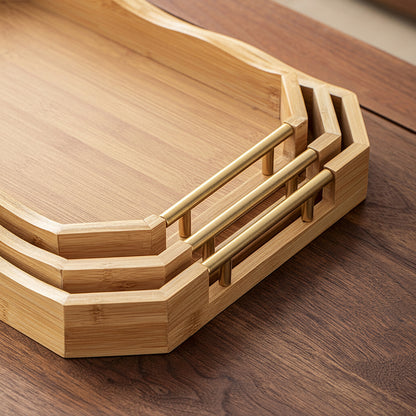 Modern Bamboo Rectangular Serving Trays with Gold Handles - 3-Piece Set