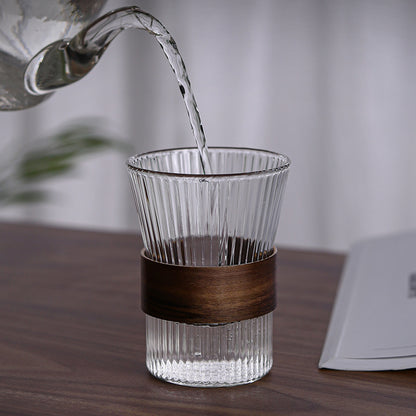 Stylish Anti-Hot Bamboo Grip Vertical Striped Glass Water Cup - 450ml Minimalist Design