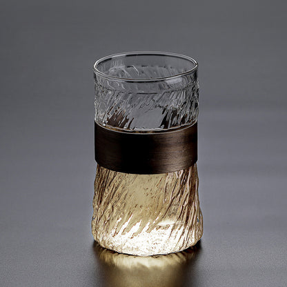 Stylish Anti-Hot Bamboo Grip Vertical Striped Glass Water Cup - 450ml Minimalist Design