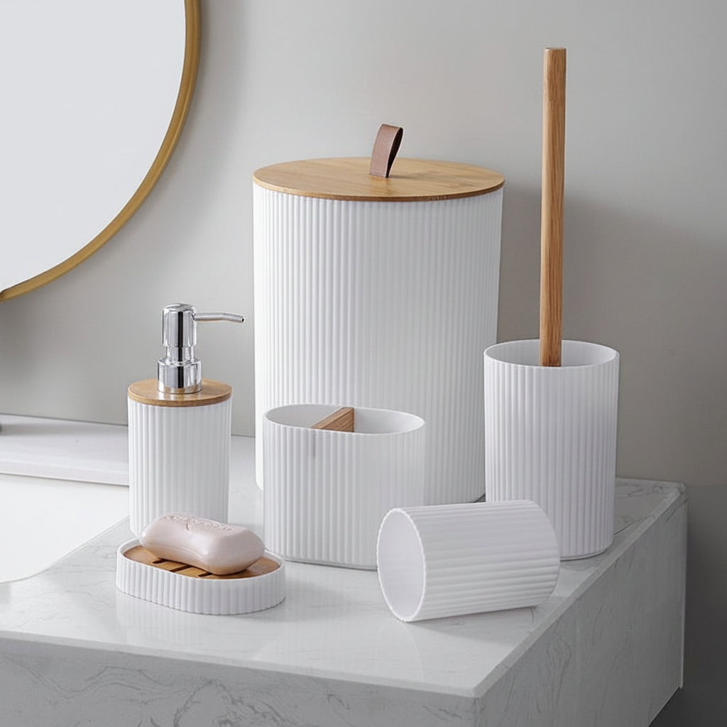 Modern Bathroom Accessories Set - Trash Can, Soap Dispenser, Toothbrush Holder