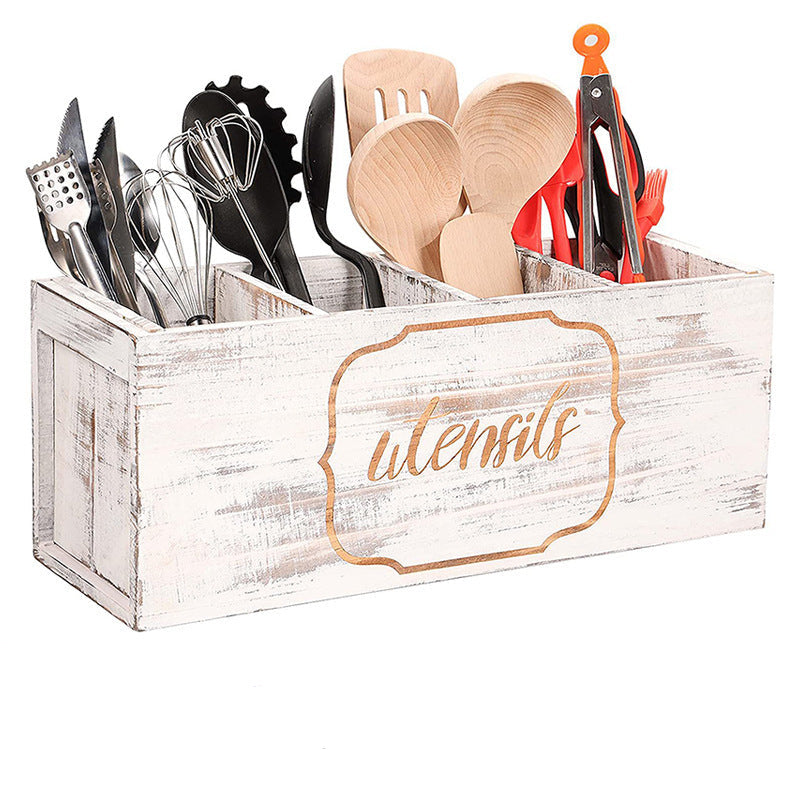 Multi-Compartment Wooden Cutlery Utensil Organizer Box for Kitchen & Desk