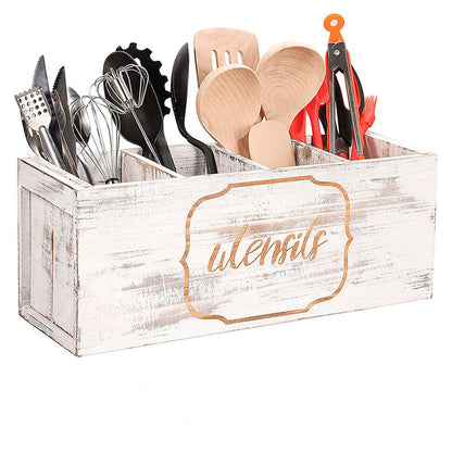 Multi-Compartment Wooden Cutlery Utensil Organizer Box for Kitchen & Desk