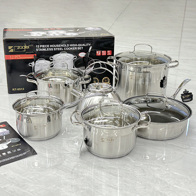 Premium 12-Piece Stainless Steel Cookware Set: Kettle, Pans, Pots Gift