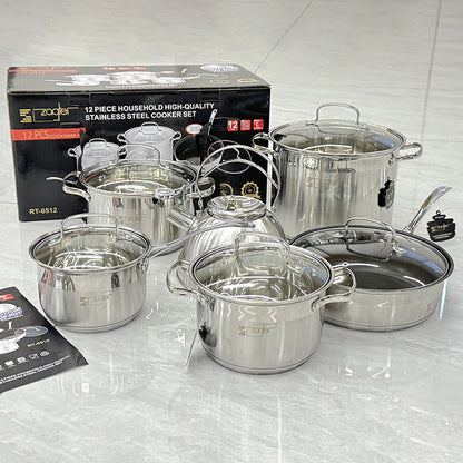 Premium 12-Piece Stainless Steel Cookware Set: Kettle, Pans, Pots Gift