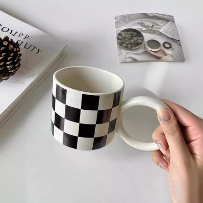 INS Style Matte Splash Ink Ceramic Mug - Big Ear Chessboard Checkered Coffee Cup