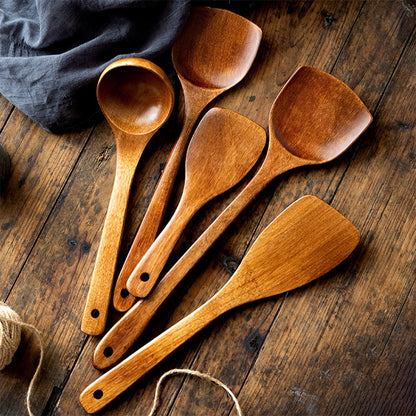Premium Natural Wood Non-Stick Spatula Spoon Set for Cooking & Frying