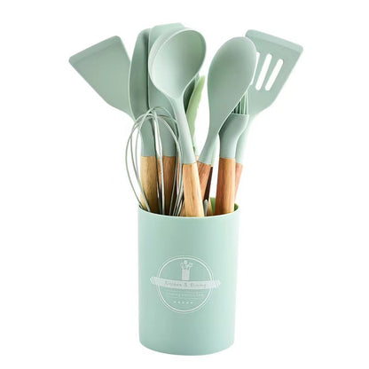 Premium Silicone 12-Piece Kitchen Utensil Set with Wooden Handles - Non-Stick, Heat-Proof