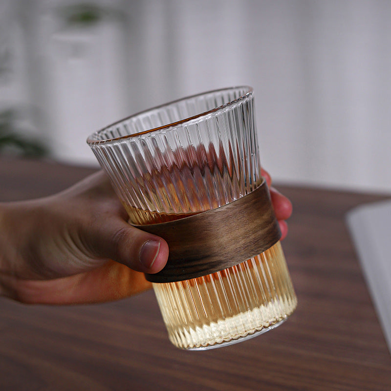 Stylish Anti-Hot Bamboo Grip Vertical Striped Glass Water Cup - 450ml Minimalist Design