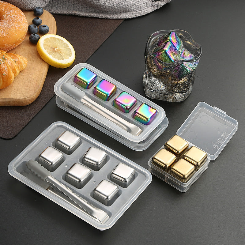 Premium Reusable Stainless Steel Whiskey Ice Cubes - Golden Metal Set