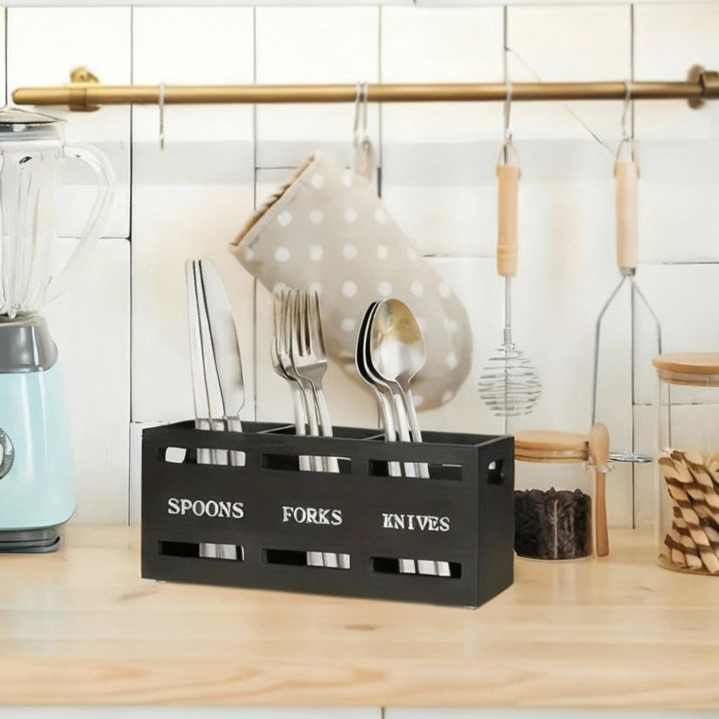 Modern Wooden Rectangular Divided Storage Box for Kitchen Cutlery & Tableware Organizer