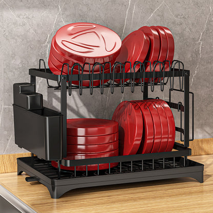 Double-Layer Carbon Steel Kitchen Dish Drying Rack & Organizer with Cup Holder