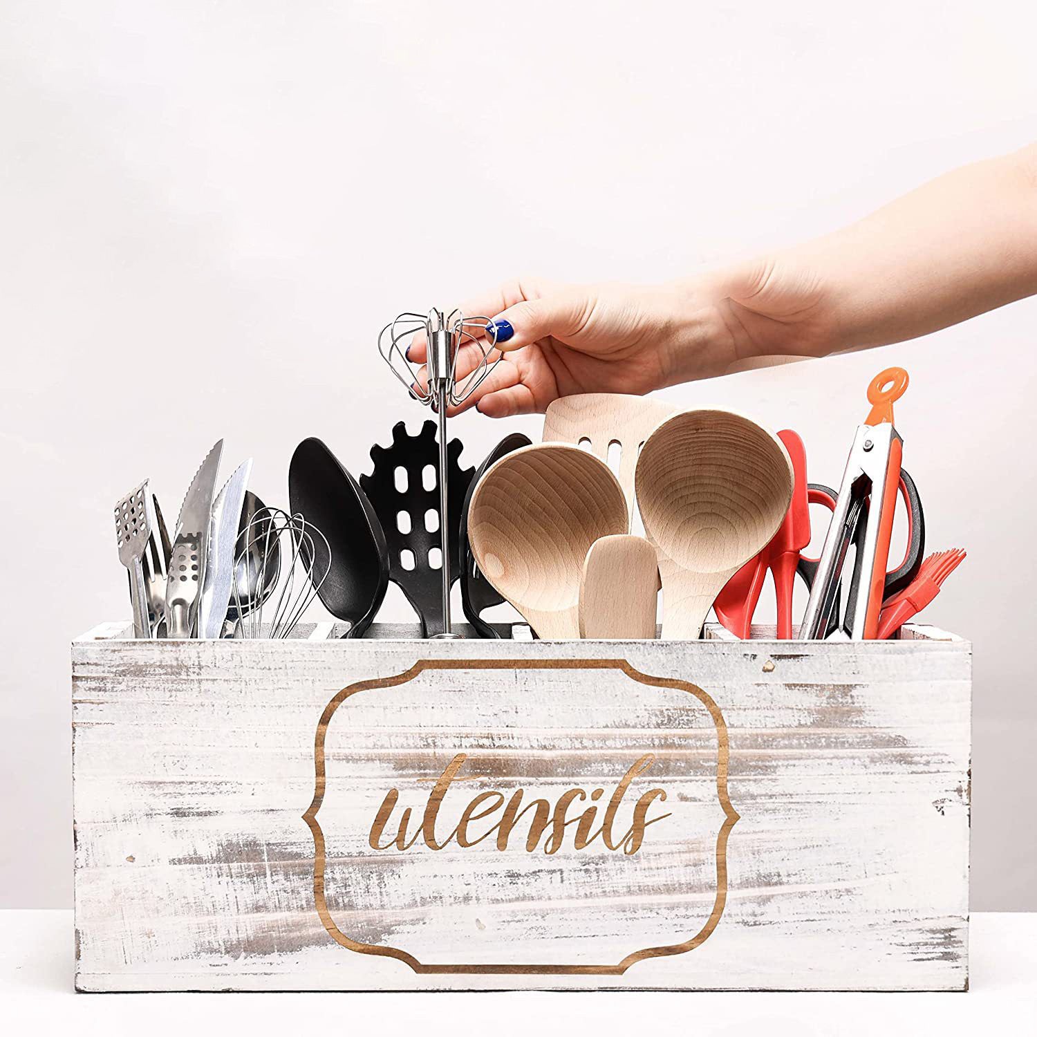 Multi-Compartment Wooden Cutlery Utensil Organizer Box for Kitchen & Desk