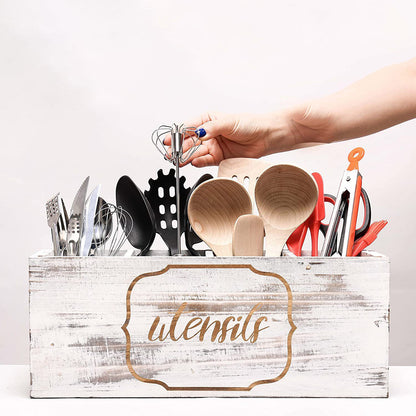 Multi-Compartment Wooden Cutlery Utensil Organizer Box for Kitchen & Desk