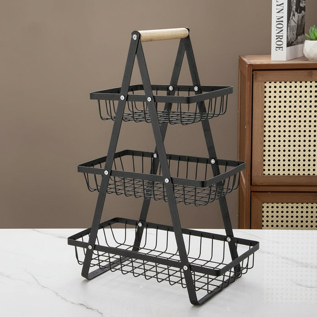 Elegant Wooden Handle Iron Art Multi-Layer Kitchen Fruit Storage Basket System