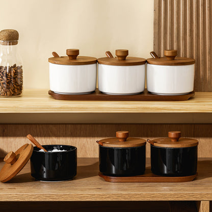 Elegant Retro Ceramic Seasoning Jars Set with Wooden Spoon for Kitchen
