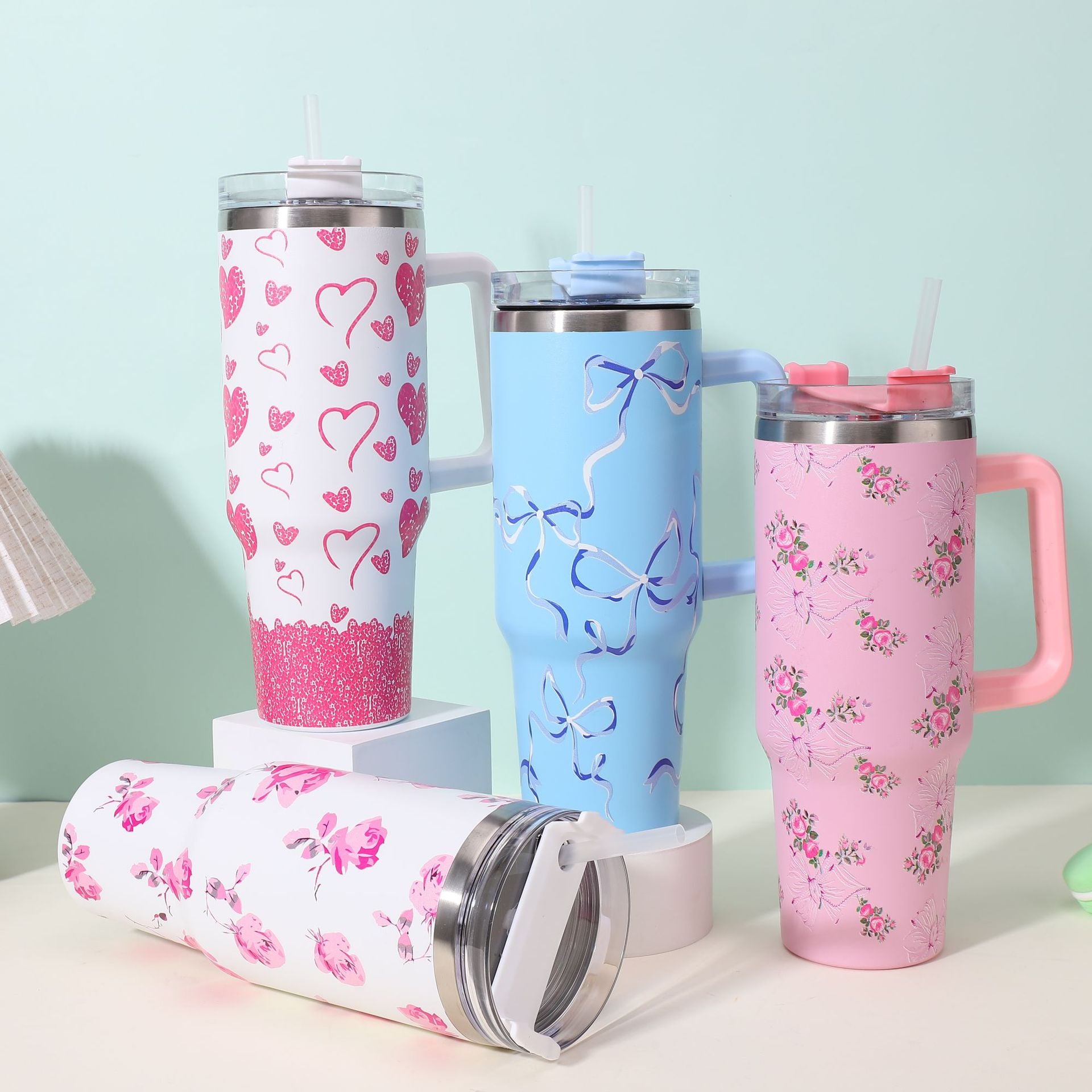 40oz Insulated Stainless Steel Tumbler with Handle and Reusable Straw