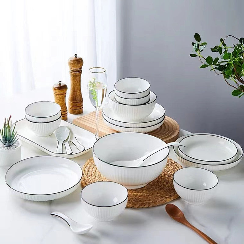 Japanese Nordic Ceramic Bowls & Plates - Elegant Vertical Stripe Design