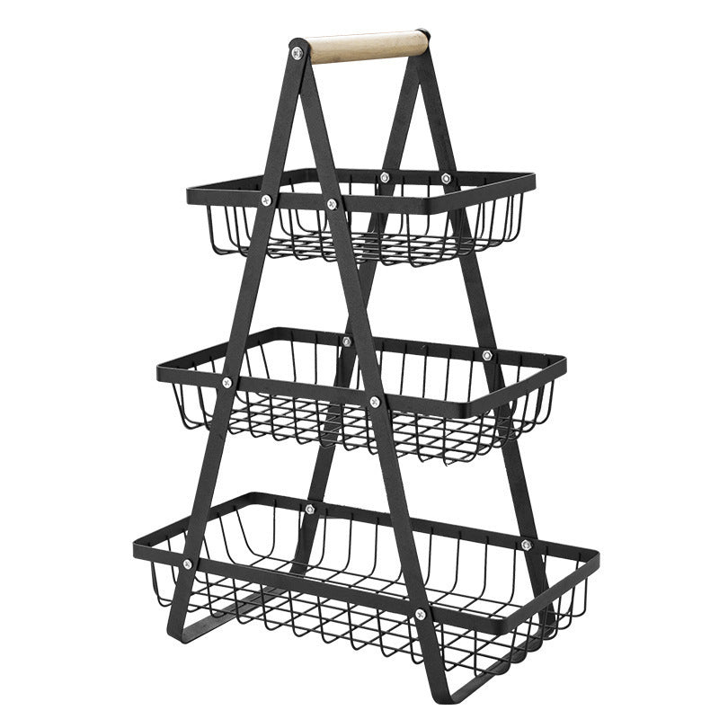 Elegant Wooden Handle Iron Art Multi-Layer Kitchen Fruit Storage Basket System