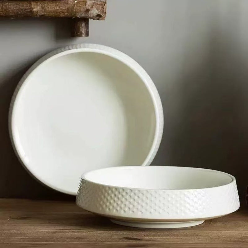 Japanese Style 7.5-inch Embossed Porcelain Dinner Plates - 48 Pcs Bulk Pack