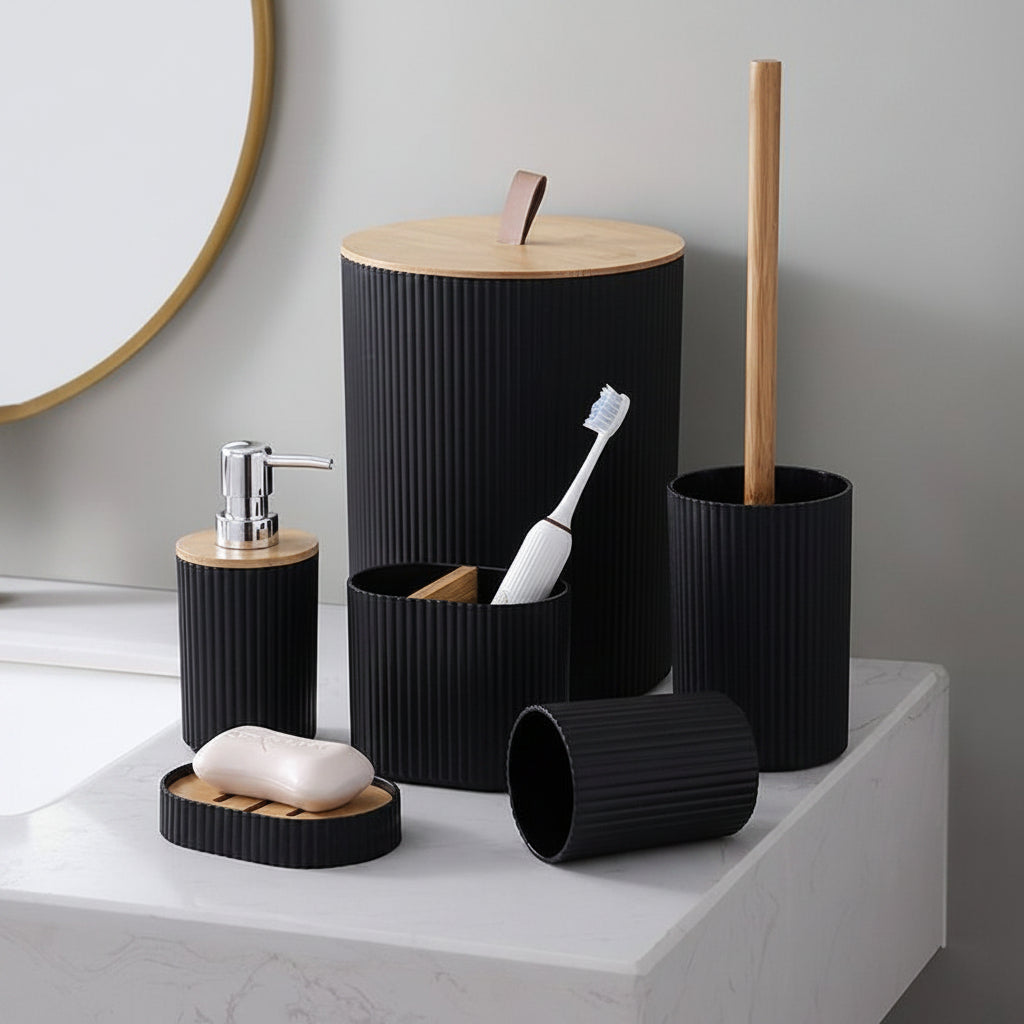 Modern Bathroom Accessories Set - Trash Can, Soap Dispenser, Toothbrush Holder