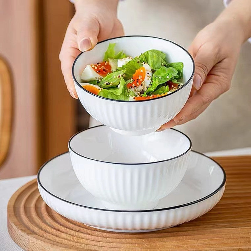 Japanese Nordic Ceramic Bowls & Plates - Elegant Vertical Stripe Design