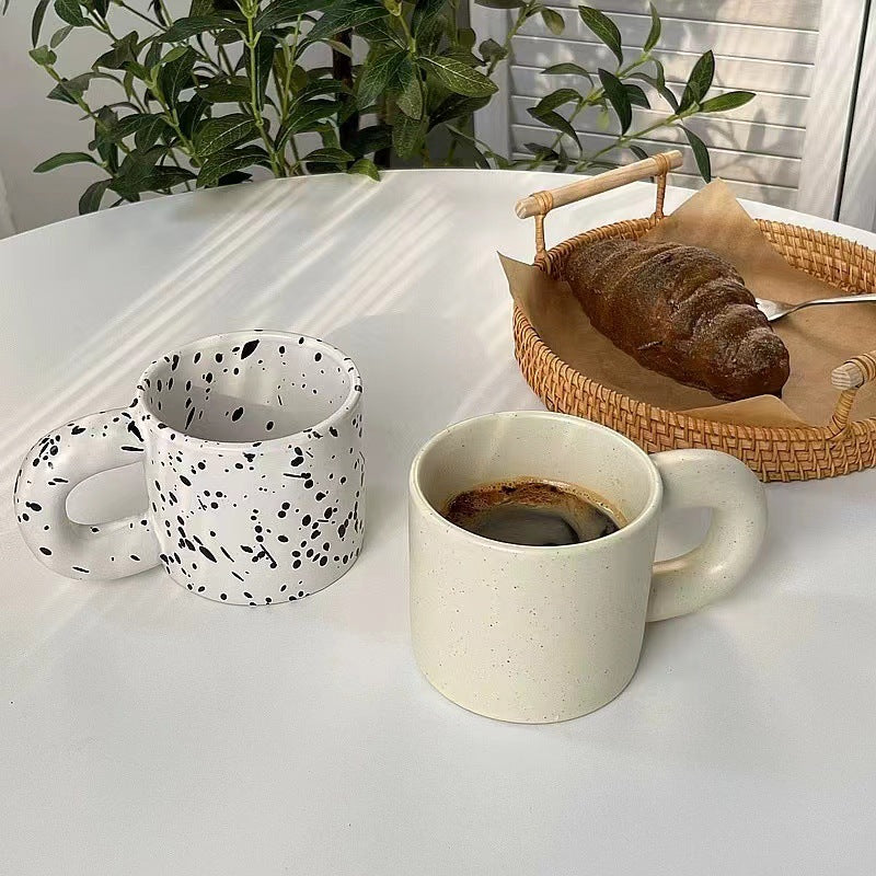 Artistic Korean Ceramic Latte Mug: Unique Sesame Glaze Ink Dot Design