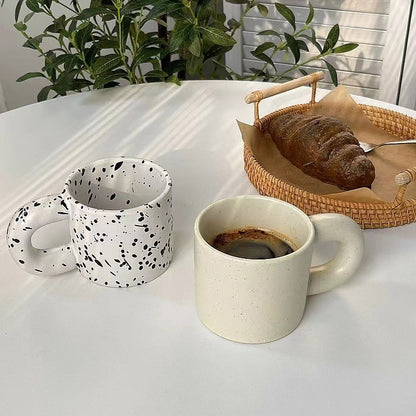 Artistic Korean Ceramic Latte Mug: Unique Sesame Glaze Ink Dot Design