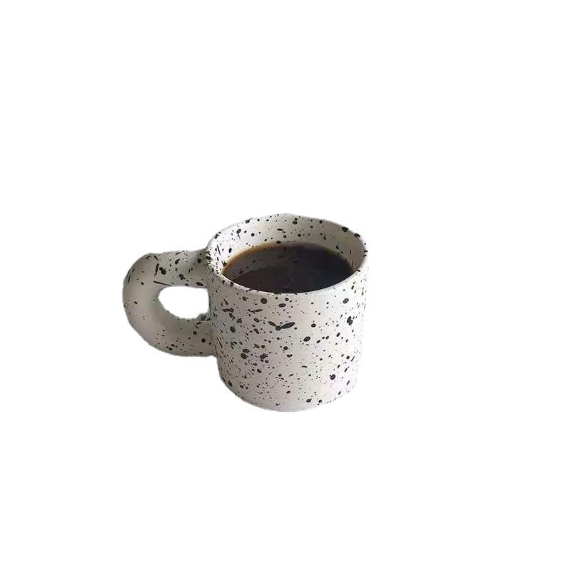Artistic Korean Ceramic Latte Mug: Unique Sesame Glaze Ink Dot Design