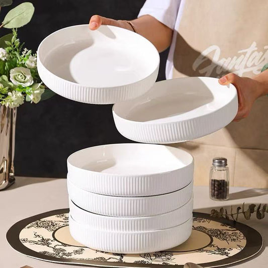Japanese Style Ceramic Dinner Plates, 8-Inch Vertical Grain Nest Trays Set