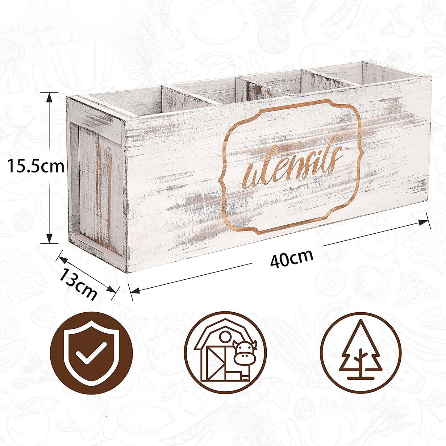 Multi-Compartment Wooden Cutlery Utensil Organizer Box for Kitchen & Desk