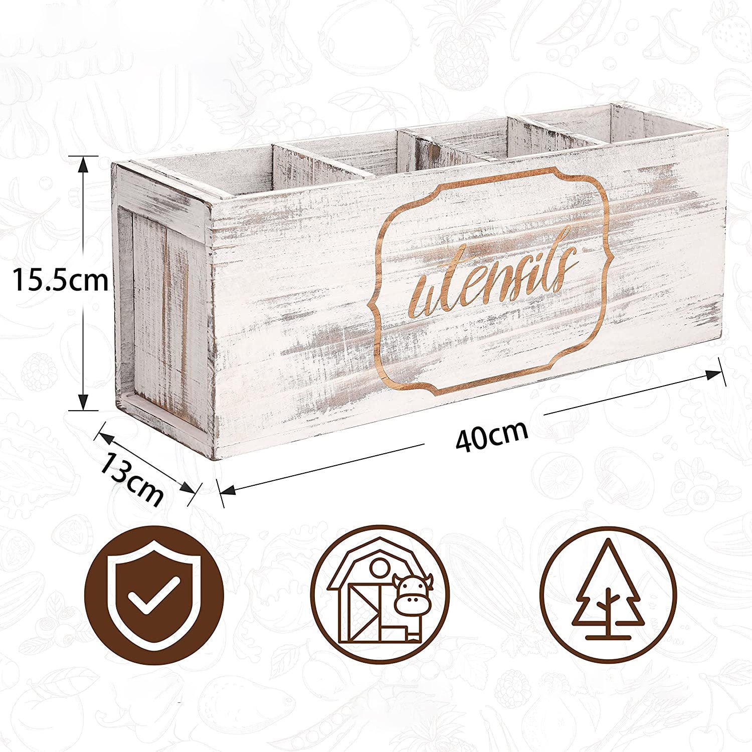 Multi-Compartment Wooden Cutlery Utensil Organizer Box for Kitchen & Desk