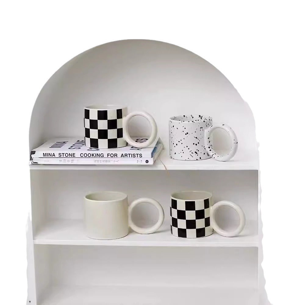 INS Style Matte Splash Ink Ceramic Mug - Big Ear Chessboard Checkered Coffee Cup