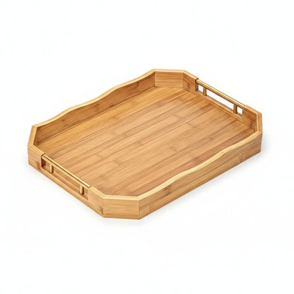 Modern Bamboo Rectangular Serving Trays with Gold Handles - 3-Piece Set