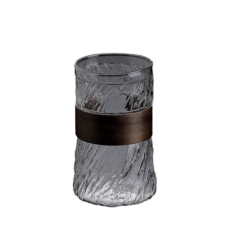 Stylish Anti-Hot Bamboo Grip Vertical Striped Glass Water Cup - 450ml Minimalist Design